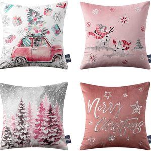 Phantoscope Set of 4 Merry Christmas Decorative Print and Embroidery Velvet Thro